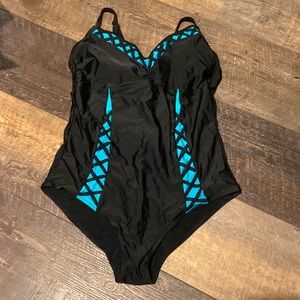 Torrid size 2 black and teal one piece swimsuit
